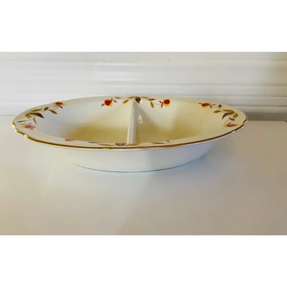 VINTAGE 1930s Hall China Mary Dunbar Autumn Leaf Divided Oval Vegetable Bowl